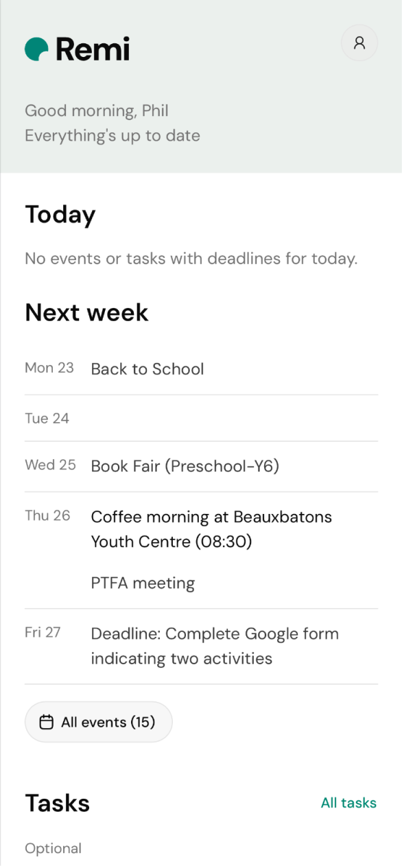Remi app screenshot showing task extraction
